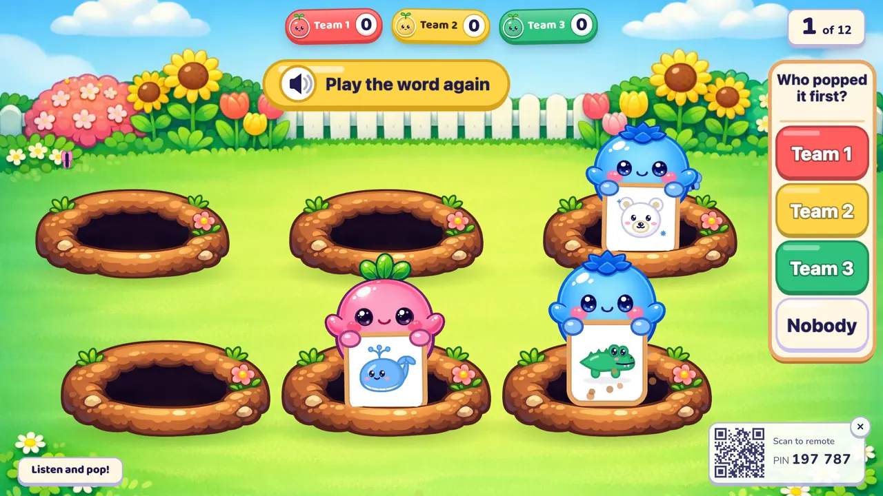Pop the Word asking: critters holding a whale, a polar bear and a crocodile pop out of burrows, a "Play the word again" button at the top, and team buttons asking "Who popped it first?"