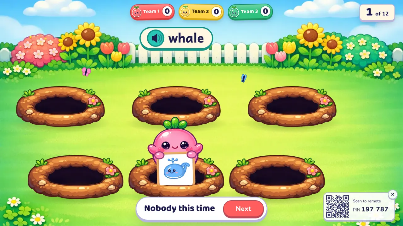 Pop the Word after a round: a garden with six burrows, a pink radish critter holding a whale picture, and the word "whale" shown at the top